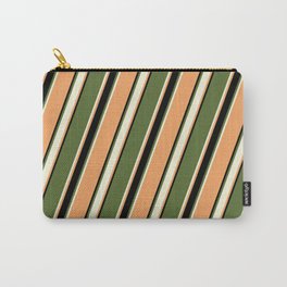 [ Thumbnail: Dark Olive Green, Beige, Brown & Black Colored Pattern of Stripes Carry-All Pouch ]