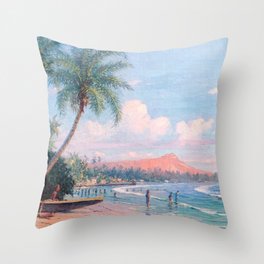 Waikiki Beach, Diamond Head, Oahu landscape painting by D. Howard Hitchcock Throw Pillow
