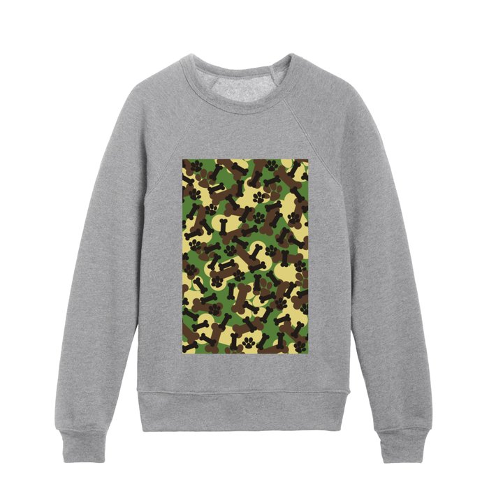 Green Dog Paws And Bones Camouflage Pattern Kids Crewneck