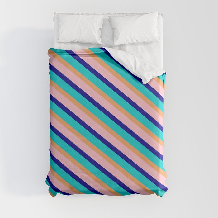 Dark Turquoise, Brown, Pink & Dark Blue Colored Striped/Lined Pattern Duvet Cover