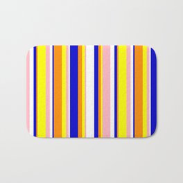 [ Thumbnail: Eye-catching Dark Orange, Blue, White, Light Pink, and Yellow Colored Stripes Pattern Bath Mat ]
