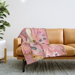 Chinoiserie cranes on pink, birds, flowers,  Throw Blanket