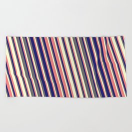 [ Thumbnail: Light Coral, Midnight Blue, Dim Grey, and Light Yellow Colored Stripes Pattern Beach Towel ]