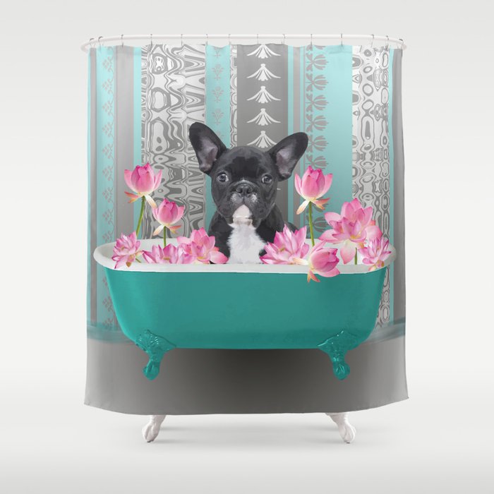 Turquoise Bathtub - French Bulldog Lotus Flower Shower Curtain