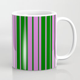 [ Thumbnail: Orchid & Dark Green Colored Striped Pattern Coffee Mug ]