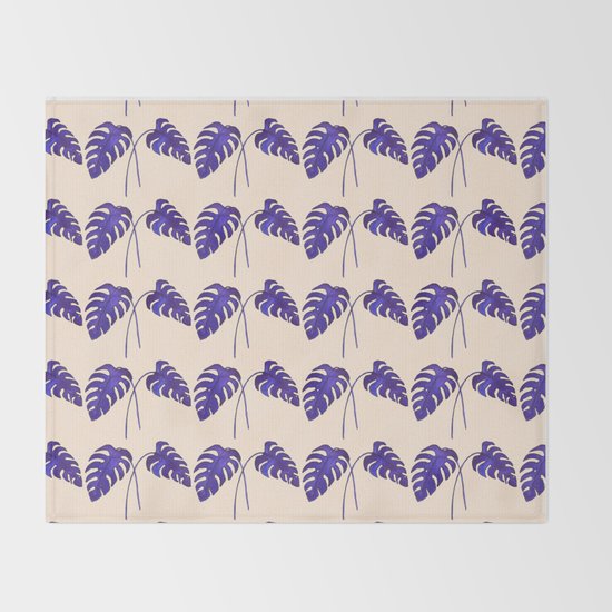 Indigo Monstera Leaf Watercolor on Blush Throw Blanket