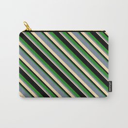 [ Thumbnail: Light Slate Gray, Beige, Black, and Forest Green Colored Lined Pattern Carry-All Pouch ]