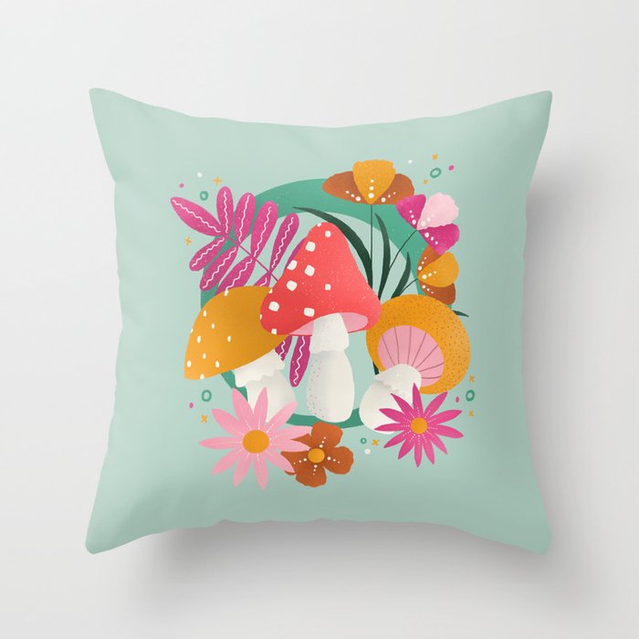 Groovy mushrooms and flowers Throw Pillow