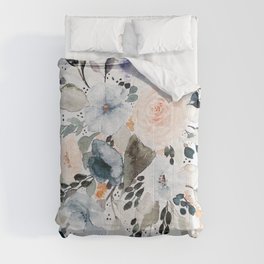 Loose Blue and Peach Floral Watercolor Bouquet  Comforter
