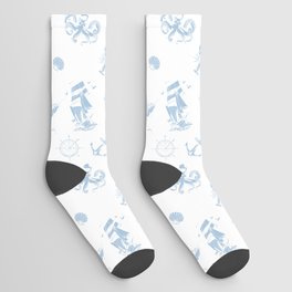Pale Blue Silhouettes Of Vintage Nautical Pattern Socks