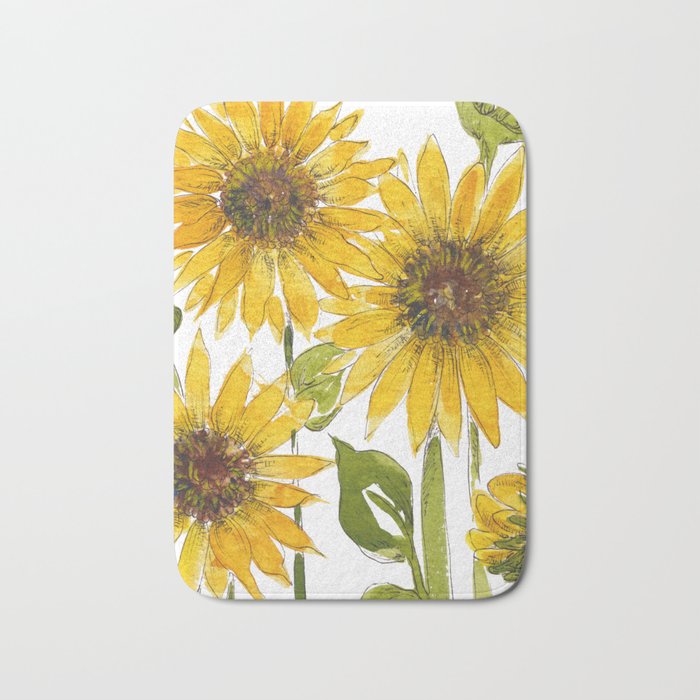 Yellow Sunflower Fields Watercolour Bath Mat