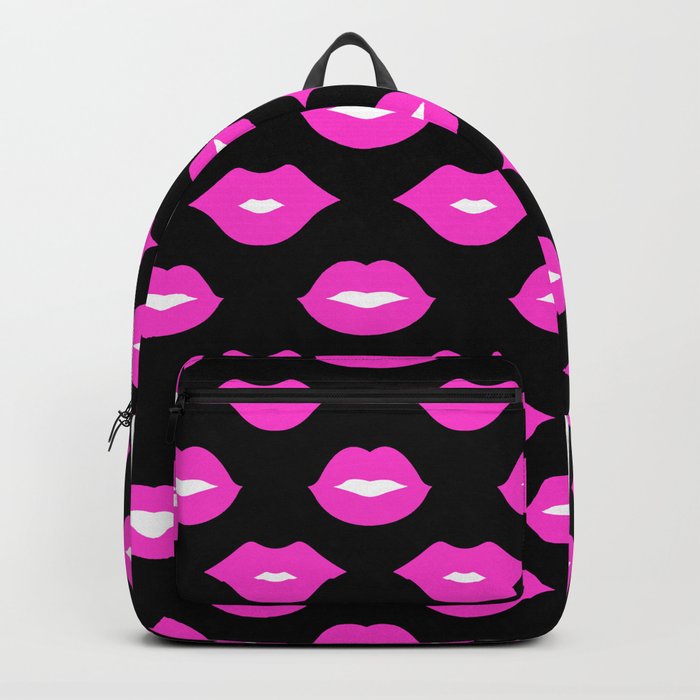 Neon Pink Lips on Black A Pattern of Kisses Backpack