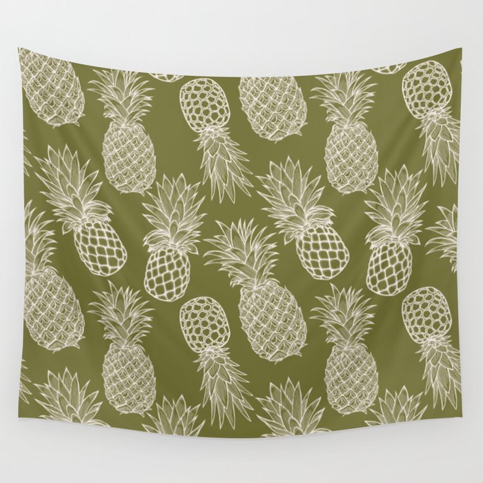 Fresh Pineapples Olive & White Wall Tapestry