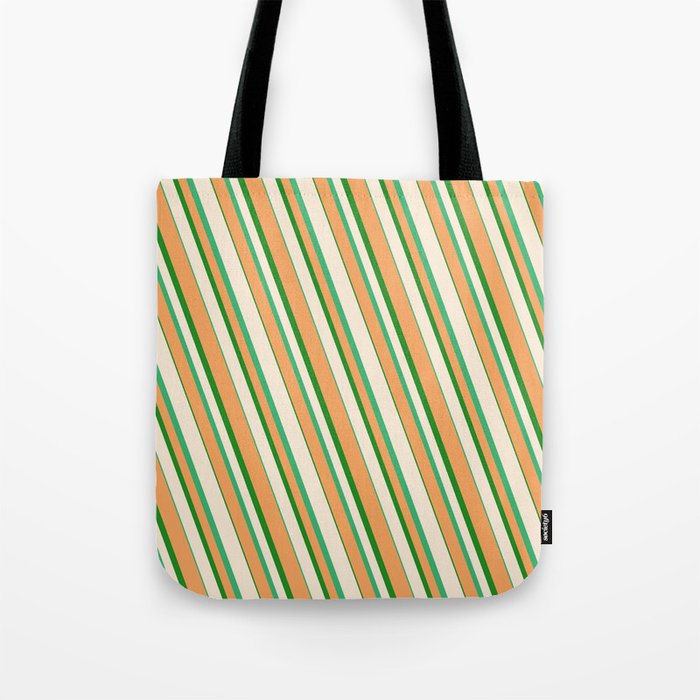 Beige, Sea Green, Brown, and Forest Green Colored Striped/Lined Pattern Tote Bag