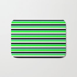 [ Thumbnail: Aquamarine, Lime, White, and Black Colored Lined/Striped Pattern Bath Mat ]