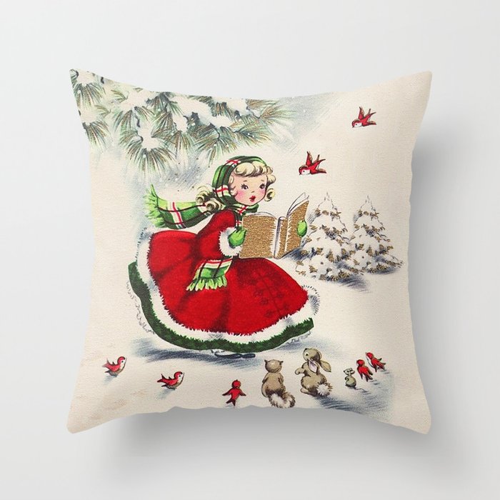 Vintage Christmas Girl Throw Pillow