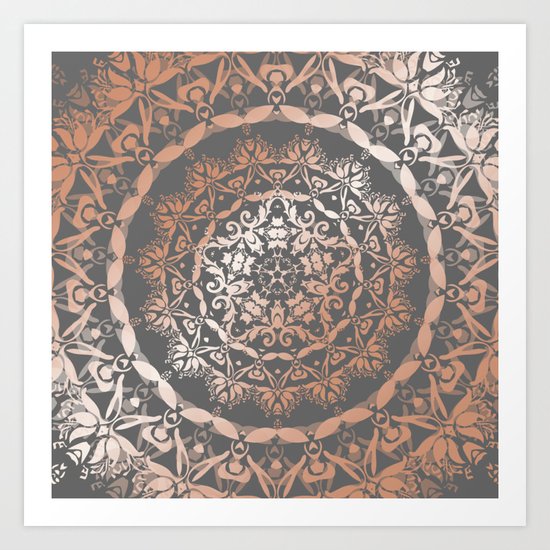 Rose Gold Gray Floral Mandala Art Print
