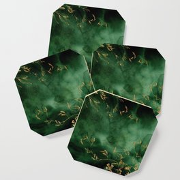 Winter Gold Flowers On Emerald Marble Texture Coaster