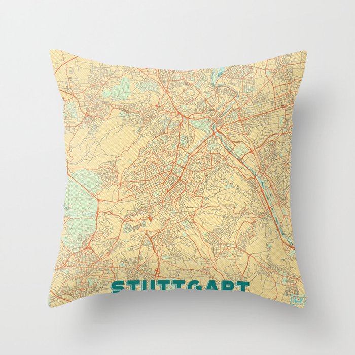 Stuttgart Map Retro Throw Pillow
