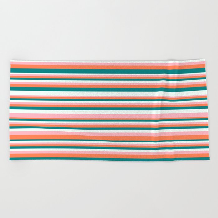 Teal, Mint Cream, Light Pink, and Coral Colored Lines/Stripes Pattern Beach Towel