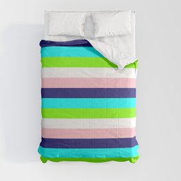 [ Thumbnail: Pink, Midnight Blue, Cyan, Chartreuse, and White Colored Lined/Striped Pattern Comforter ]