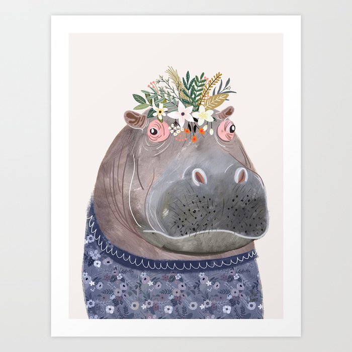 Hippo with flowers on head Art Print
