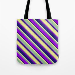 [ Thumbnail: Dark Sea Green, Dark Violet, Midnight Blue, and Tan Colored Lines Pattern Tote Bag ]