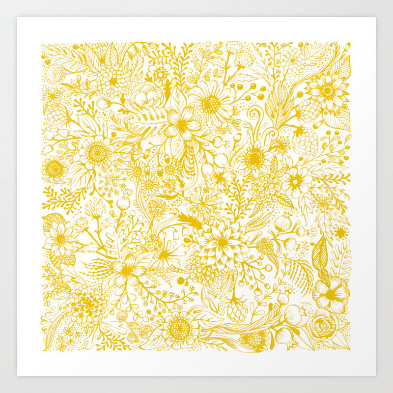 Yellow Floral Doodles Art Print