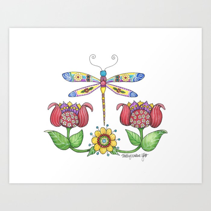 Dragonfly in the Flower Garden Art Print
