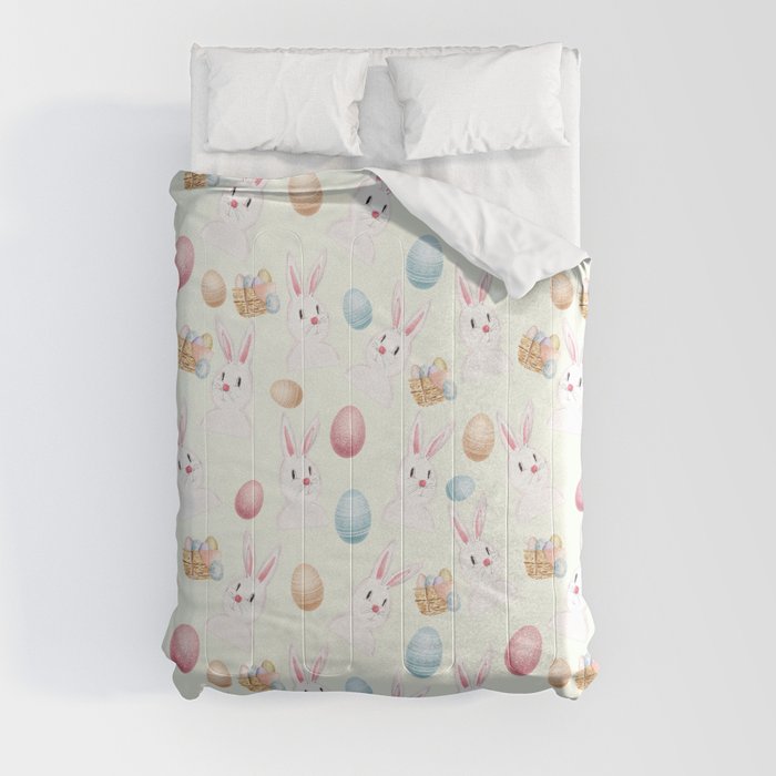 Easter Bunny And Eggs Pattern- Light Mint Green Comforter