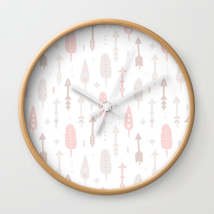 Bohemian blush pink brown feathers arrows pattern Wall Clock