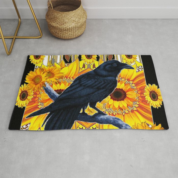 GRAPHIC BLACK CROW & YELLOW SUNFLOWERS ABSTRACT Rug