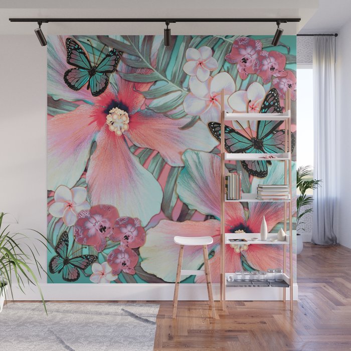 Peachy Mint Hibiscus Tropical Wall Mural by Nina May Design Studio ...