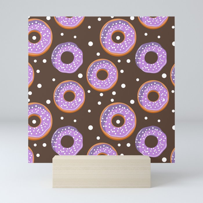 Cute Doughnuts Pattern in Pastel Purple & Brown Mini Art Print