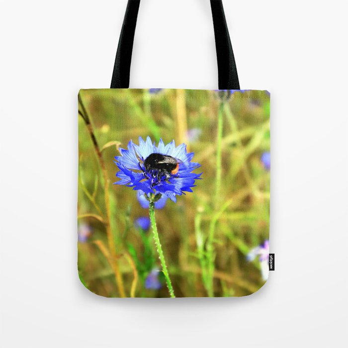 Bumblebee on Blue Cornflower Tote Bag