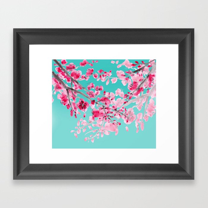Cherry Blossom Aqua Framed Art Print