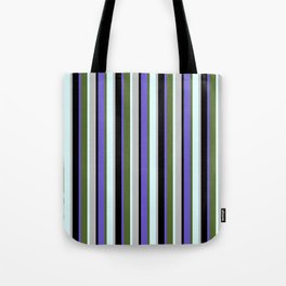 [ Thumbnail: Eyecatching Slate Blue, Dark Olive Green, Light Cyan, Grey & Black Colored Lines/Stripes Pattern Tote Bag ]