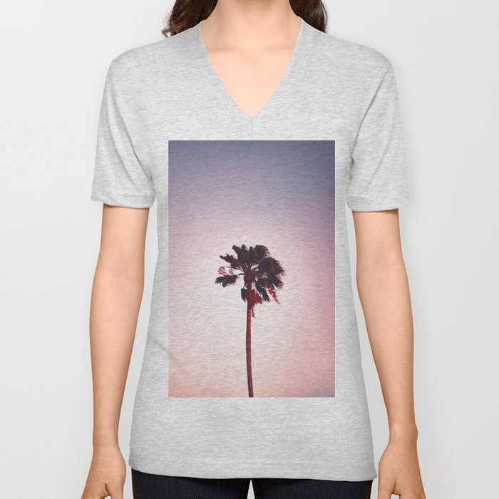 Pink And Purple Background Sunset Minimalist Palm Tree Silhouette Modern Photo California V Neck T Shirt