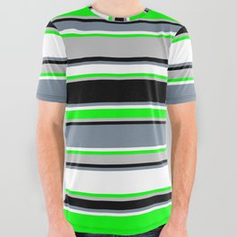 [ Thumbnail: Vibrant Lime, Grey, Black, Light Slate Gray & White Colored Pattern of Stripes All Over Graphic Tee ]