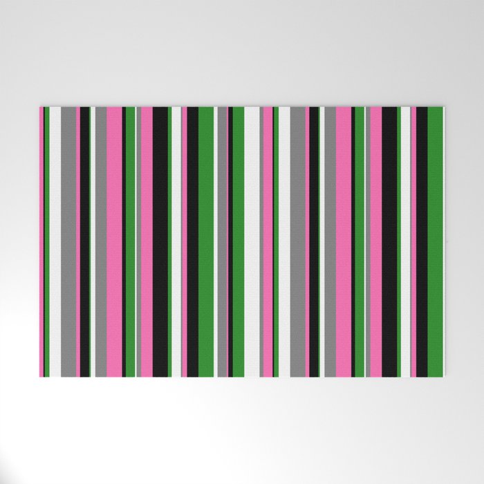 Eyecatching Black, Hot Pink, Gray, White, and Forest Green Colored Stripes/Lines Pattern Welcome Mat
