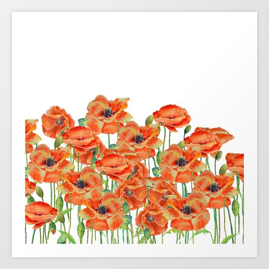 Watercolor poppy field illustration Art Print