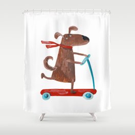Cute dog on scooter watercolor acrylic hand painted illustration Shower Curtain