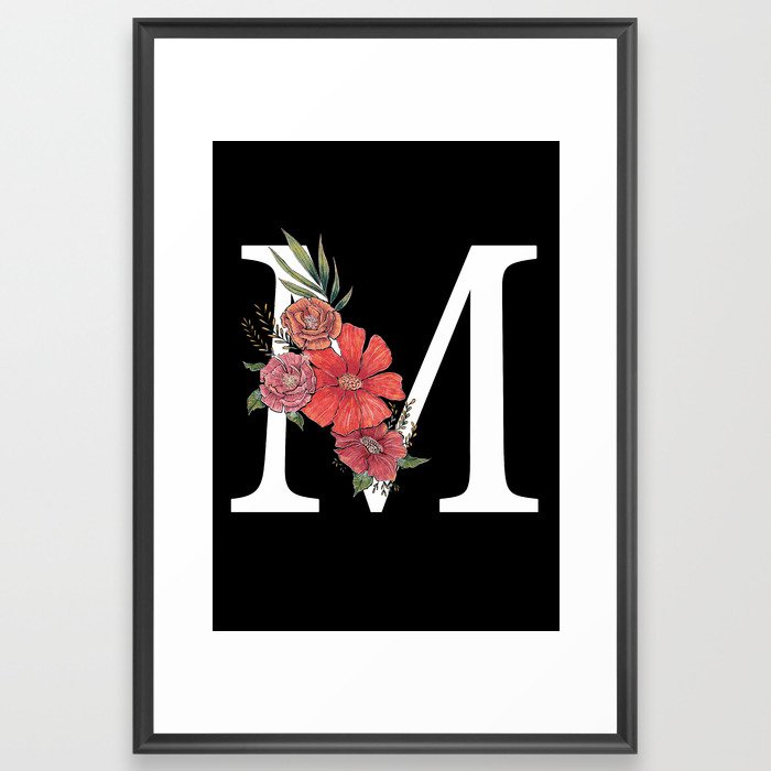 Monogram Letter M with Flowers Black background Framed Art Print