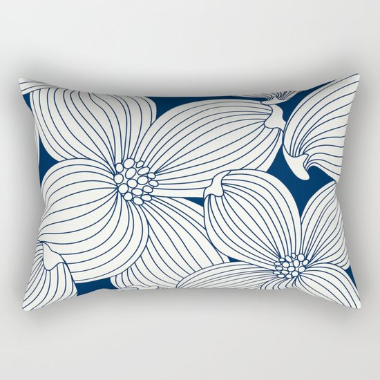 Dogwood Big Linear Floral: Navy Ivory Rectangular Pillow