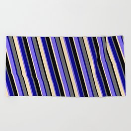 [ Thumbnail: Vibrant Dim Grey, Dark Blue, Medium Slate Blue, Tan & Black Colored Striped Pattern Beach Towel ]