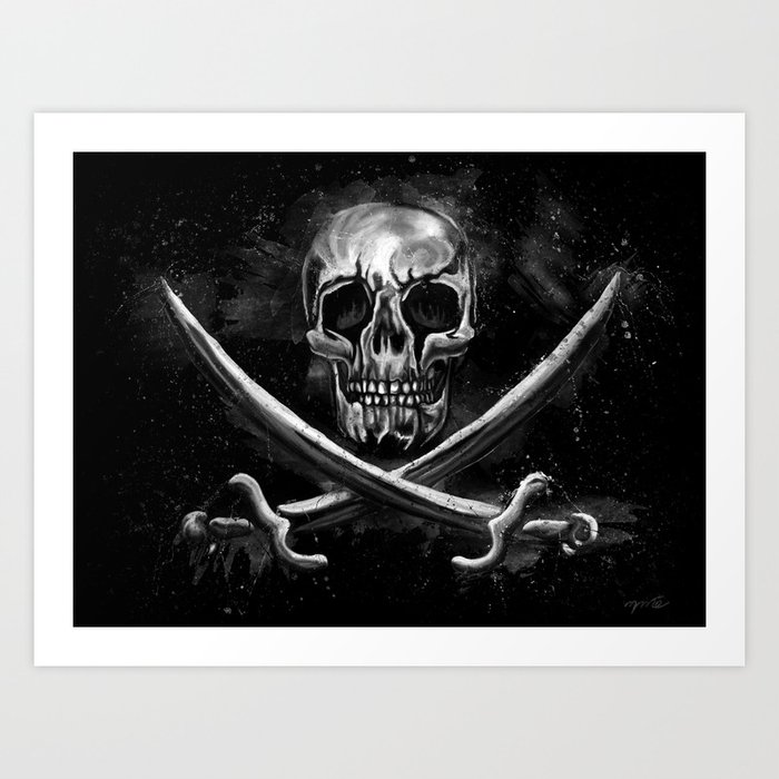 Pirate skull black and white painting, Jolly Roger flag Art Print