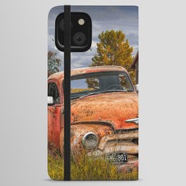 Rusted Pickup Truck in a Rural Landscape by Old Weathered Barn in Michigan iPhone Wallet Case