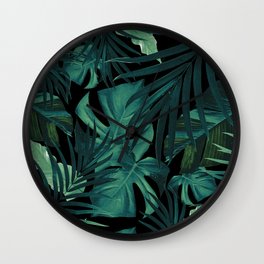 Tropical Jungle Night Leaves Pattern #1 #tropical #decor #art #society6 Wall Clock | Tropical Vibes, Green Leaves Pattern, Spring Summer, Digital, Palms Banana Leaves, Foliage, Plant, Exotic Night, Botanical, Nature 