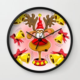 Reindeer Fun Christmas Cartoon with Bells Alarms Wall Clock