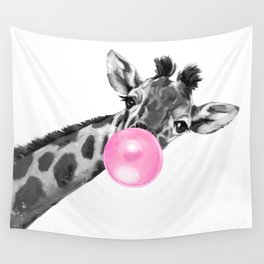 Bubble Gum Black and White Sneaky Giraffee Wall Tapestry